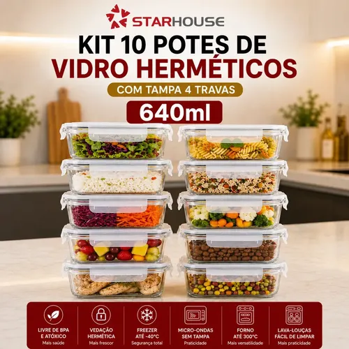 Kit 10 Potes Herméticos Vidro 640ml Starhouse Marmita Forno Micro-ondas Airfryer com 4 travas de super vedação Kit 10 Potes Herméticos Vidro 640ml Starhouse Marmita Forno Micro-ondas Airfryer com 4 travas de super vedação